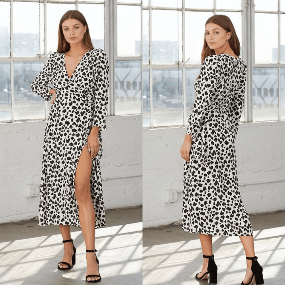 Cleobella Miles Midi Wrap Dress Size M Leopard Print White Black Long Sleeve